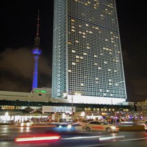 Park Inn  and blue TV tower at night